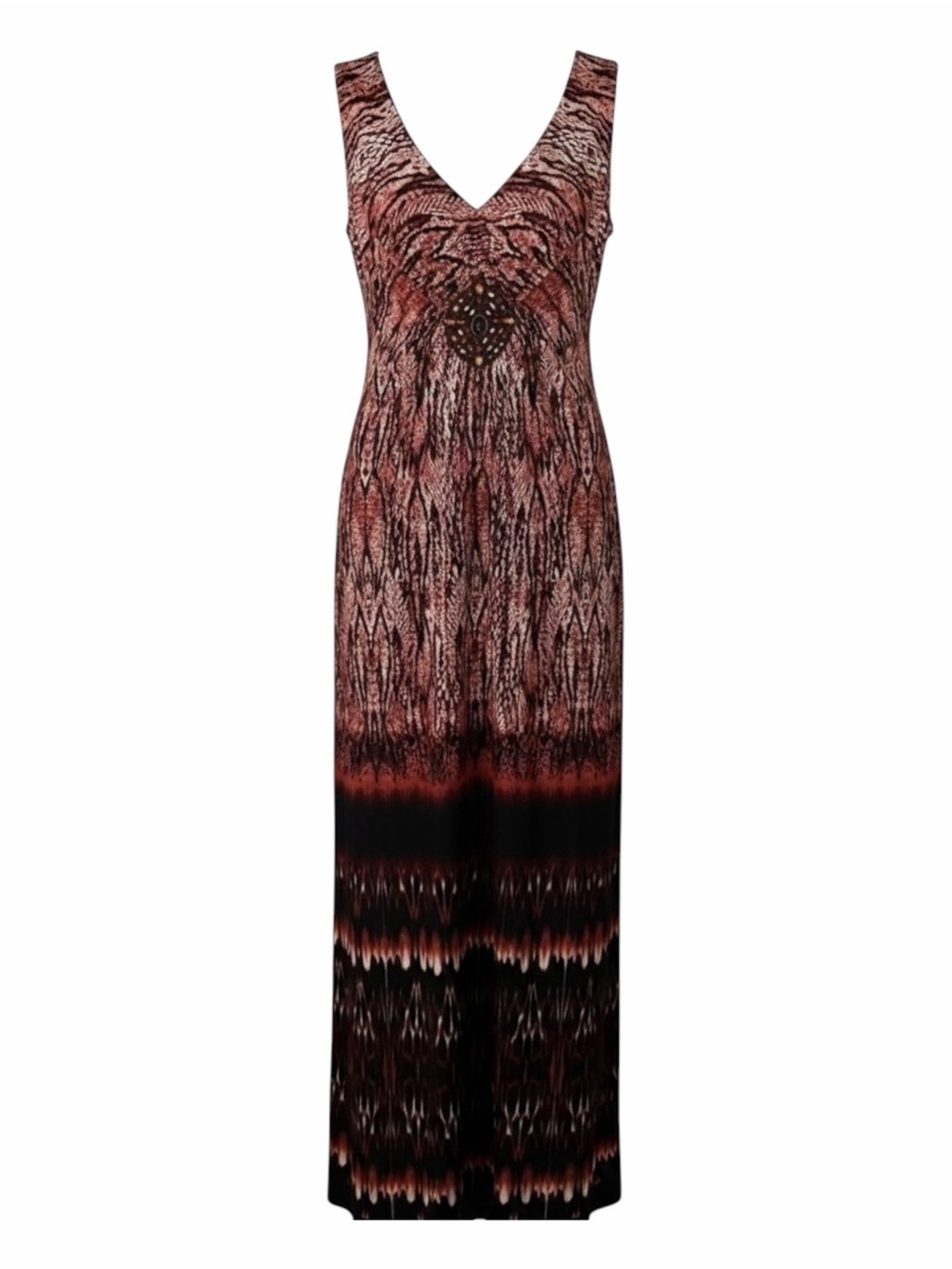 R&M RICHARDS Sleeveless Long Maxi Dress 10 V-neck Beaded Snakeskin Print Stretch